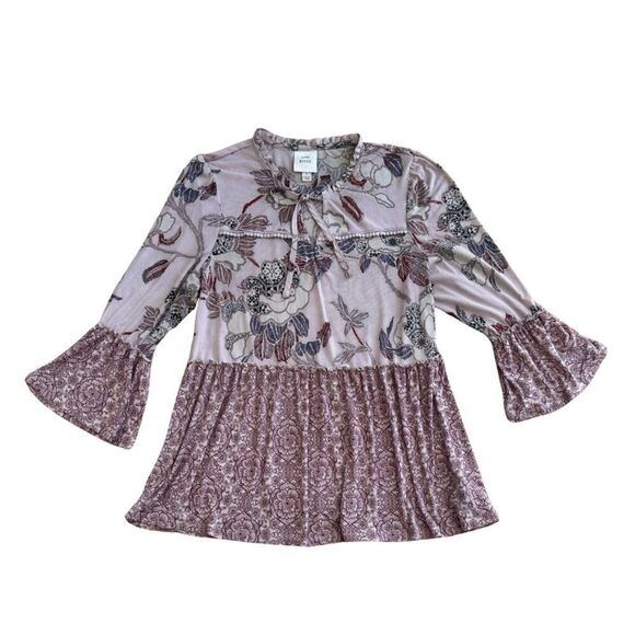 Knox Rose Floral Flowy Tiered Blush Pink Baby Doll Blouse Large - Picture 1 of 8